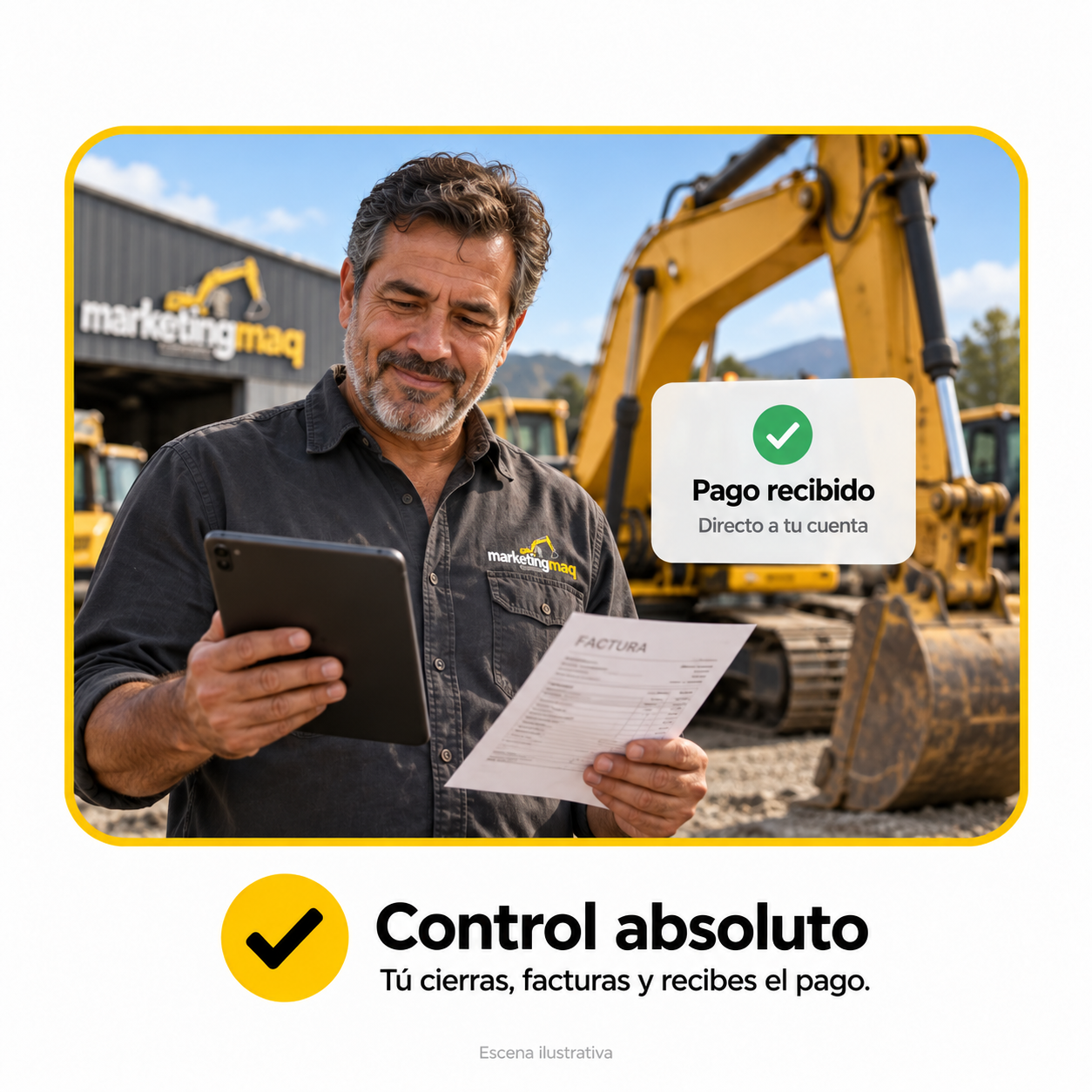 Control absoluto: tú cierras, facturas y recibes el pago directamente en tu cuenta. Escena ilustrativa.
