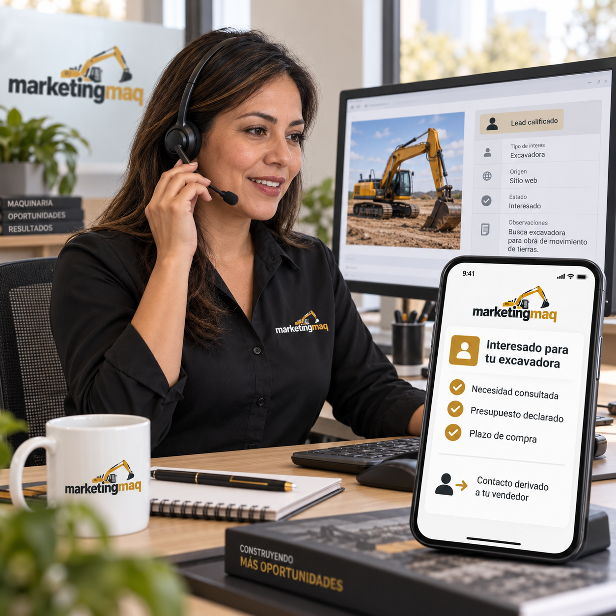 Escena ilustrativa de una especialista de MarketingMaq atendiendo una consulta y derivando el interesado al vendedor.