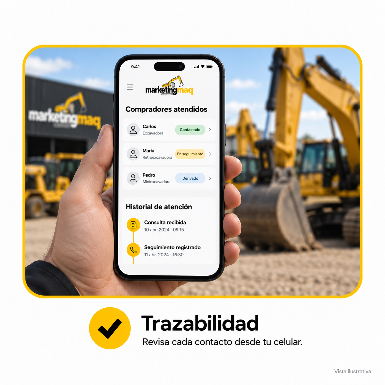 Trazabilidad: revisa los contactos y su historial desde tu celular. Vista ilustrativa del CRM.